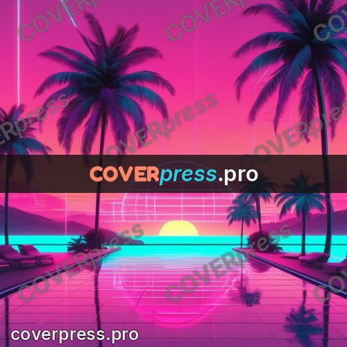 80s neon illustration: pool with palms at sunset
