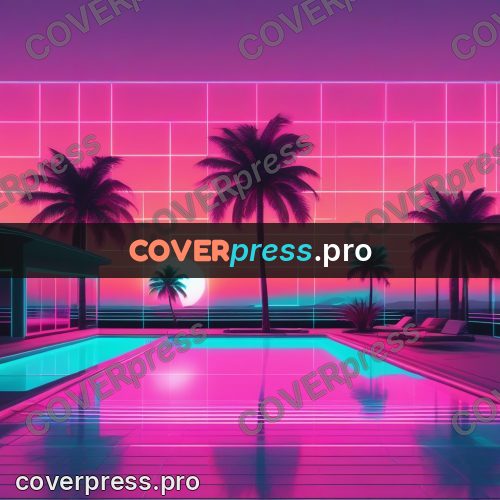 80s neon illustration: pool with palms at sunset