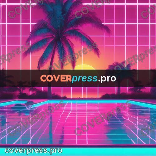 80s neon illustration: pool with palms at sunset