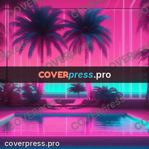 80s neon illustration: pool with palms at sunset