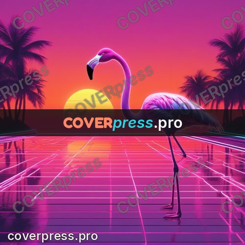 80s neon illustration: flamingo against a sunset
