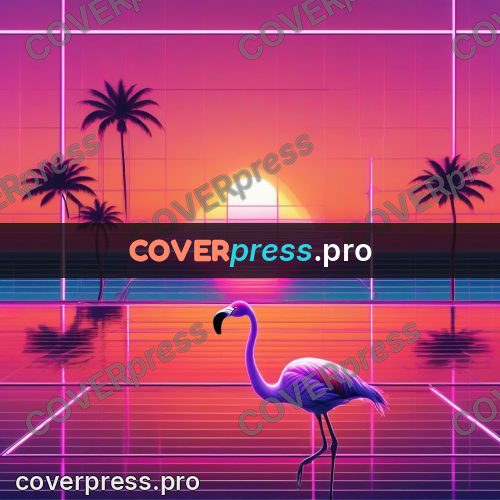 80s neon illustration: flamingo against a sunset