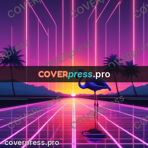 80s neon illustration: flamingo against a sunset