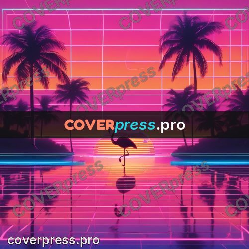 80s neon illustration: flamingo against a sunset
