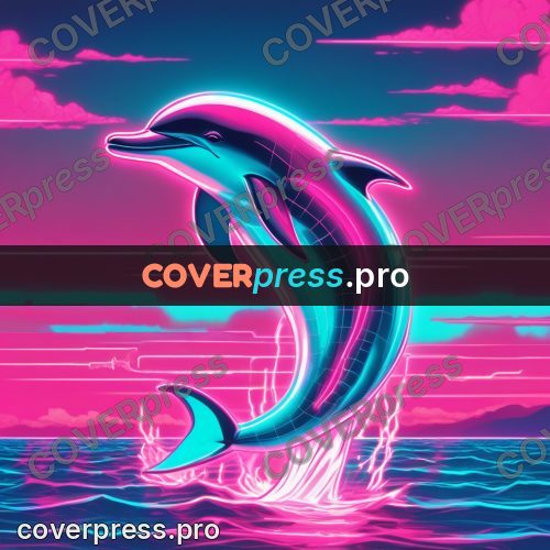 80s neon illustration: dolphin over a wave