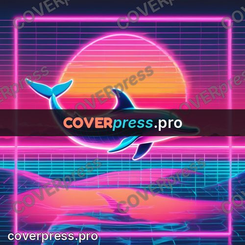 80s neon illustration: dolphin over a wave