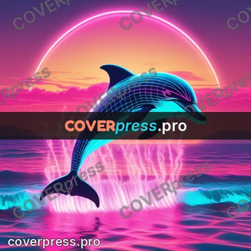 80s neon illustration: dolphin over a wave