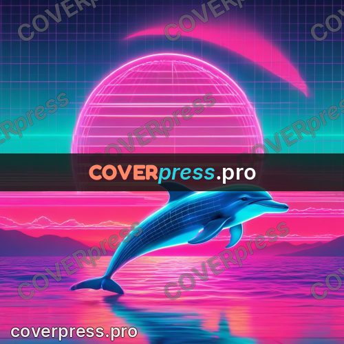 80s neon illustration: dolphin over a wave