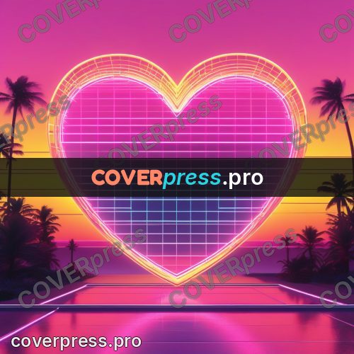 80s neon illustration: glowing heart above a grid