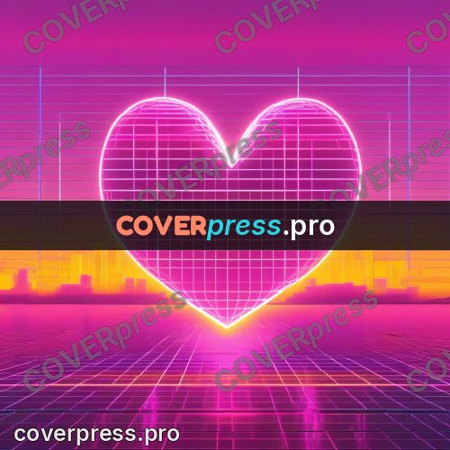 80s neon illustration: glowing heart above a grid