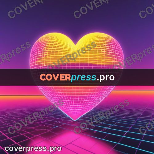80s neon illustration: glowing heart above a grid