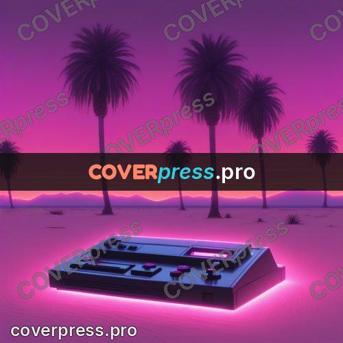 80s neon illustration: retro device under palms