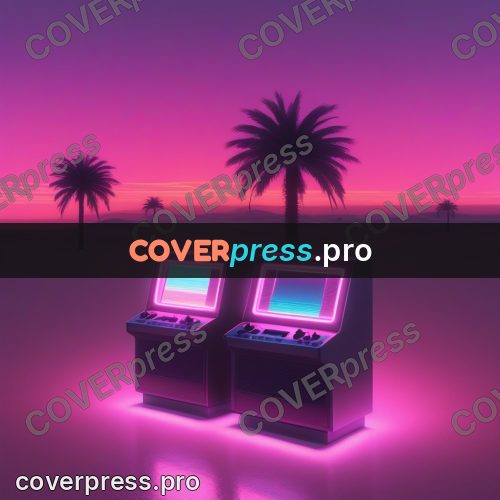 80s neon illustration: retro device under palms