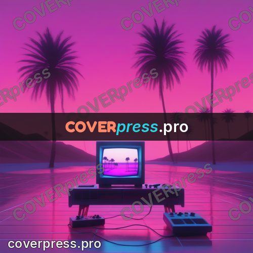 80s neon illustration: retro device under palms