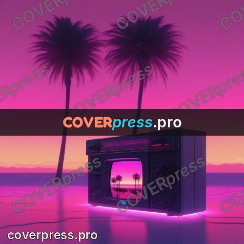 80s neon illustration: retro device under palms