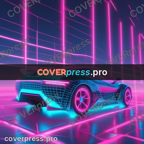 80s neon illustration: sports car on a glowing grid
