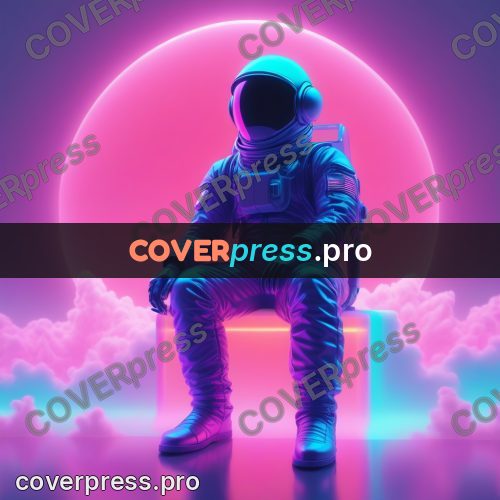 80s neon illustration: astronaut seated by a circle