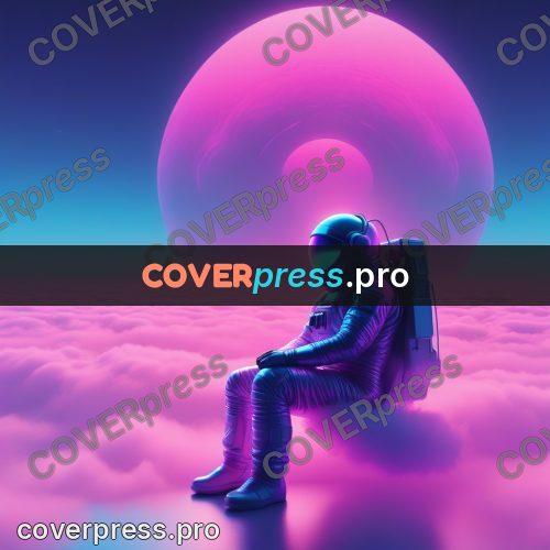 80s neon illustration: astronaut seated by a circle