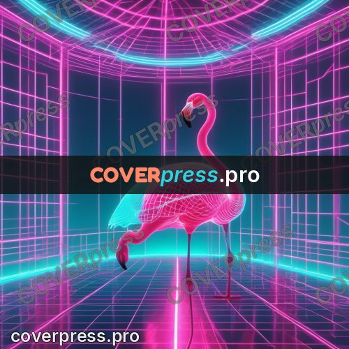 80s neon illustration: flamingo on a glowing grid