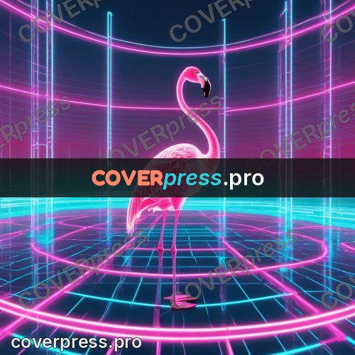 80s neon illustration: flamingo on a glowing grid