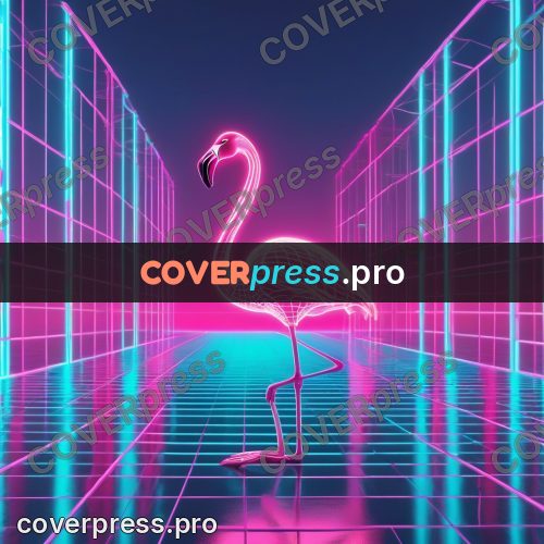 80s neon illustration: flamingo on a glowing grid