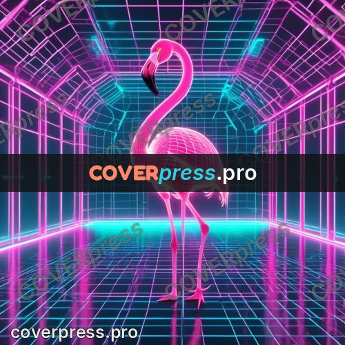 80s neon illustration: flamingo on a glowing grid