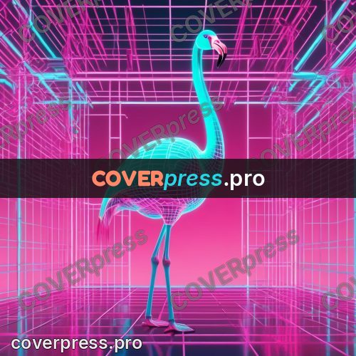80s neon illustration: flamingo on a glowing grid