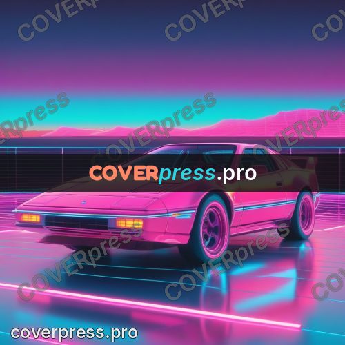 80s neon illustration: pink sports car on a floor