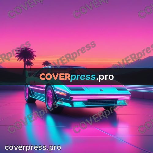80s neon illustration: pink sports car on a floor