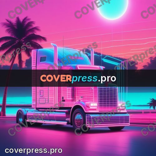 80s neon illustration: glowing truck on the road