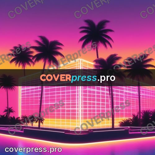 80s neon illustration: palm silhouettes at sunset