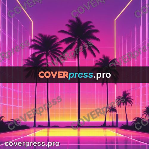80s neon illustration: palm silhouettes at sunset