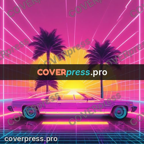 80s neon illustration: palm silhouettes at sunset