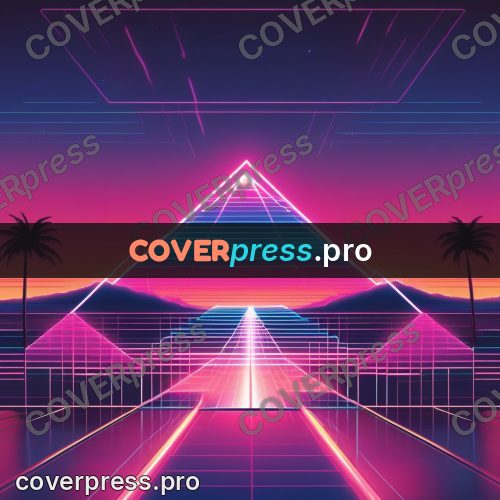 80s neon illustration: glowing pyramid above a grid