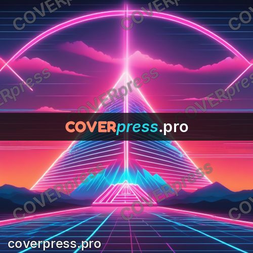 80s neon illustration: glowing pyramid above a grid