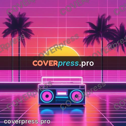 80s neon illustration: boombox on a glowing floor