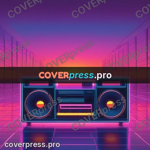 80s neon illustration: boombox on a glowing floor