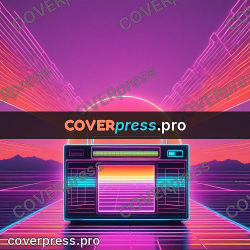 80s neon illustration: boombox on a glowing floor