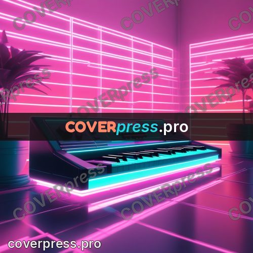 80s neon illustration: keyboard on a glowing stand