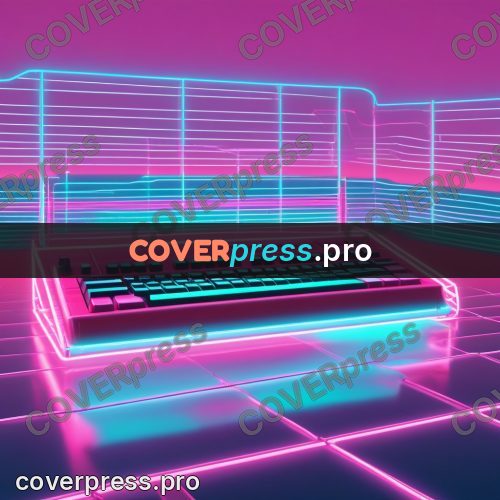 80s neon illustration: keyboard on a glowing stand