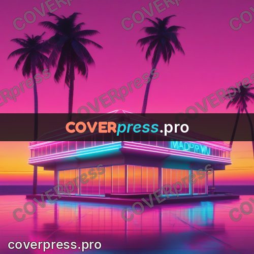 80s neon illustration: glowing building among palms
