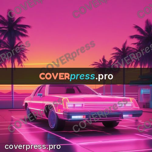 80s neon illustration: glowing building among palms