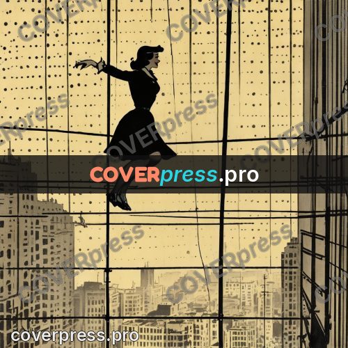 Vintage comic drawing: tightrope walker above a city