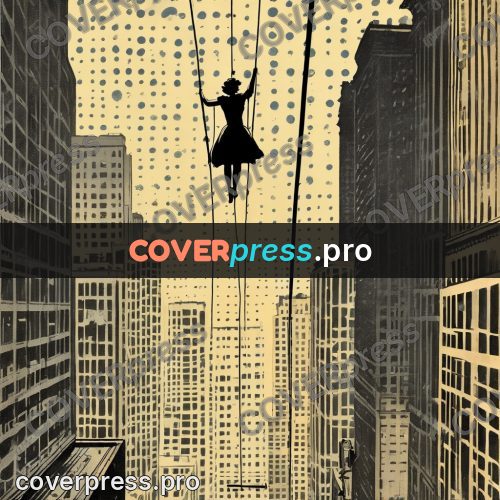 Vintage comic drawing: tightrope walker above a city