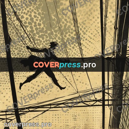 Vintage comic drawing: tightrope walker above a city