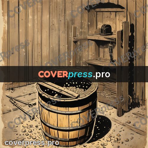 Vintage comic drawing: wooden barrel in a workshop