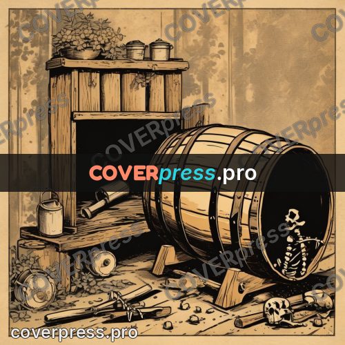 Vintage comic drawing: wooden barrel in a workshop