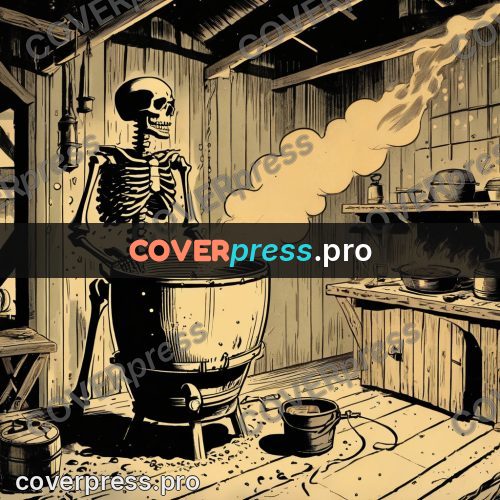 Vintage comic drawing: skeleton at a fire cauldron