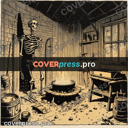 Vintage comic drawing: skeleton at a fire cauldron