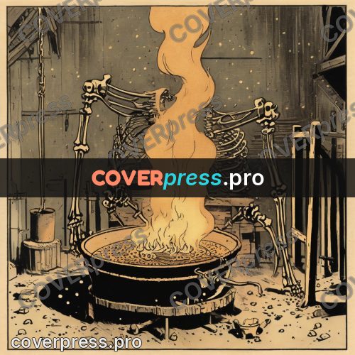Vintage comic drawing: skeleton at a fire cauldron